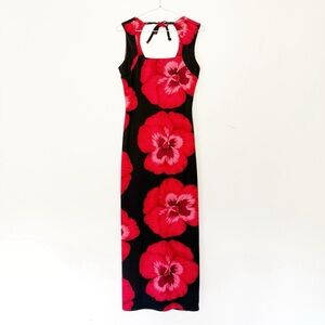 VTG 90s Y2K Younique Woman Black Red Floral Tie-Back Maxi Dress SMALL Romantic